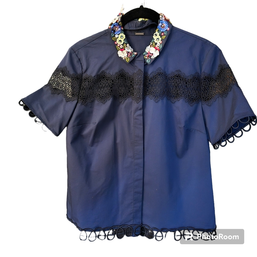 Elie Tahari Tops Embellished Collar Blouse Color: Blue Size: S